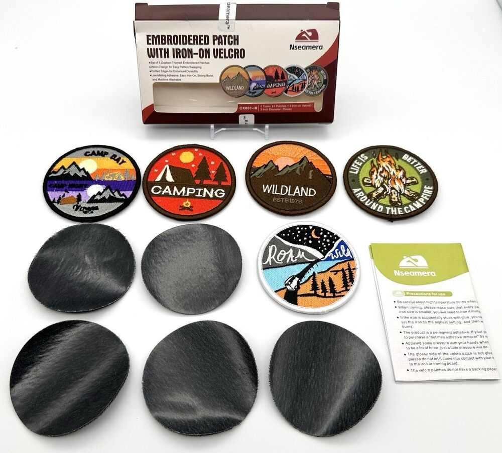 NIB Nseamera CX001-IR 5 Pack 3" Camping Wilderness Iron-On Hook Loop Patches